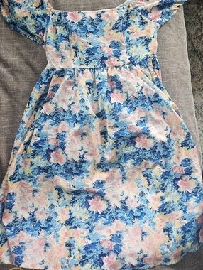Floral Ruffle Sleeve Dress in Blue & Pink